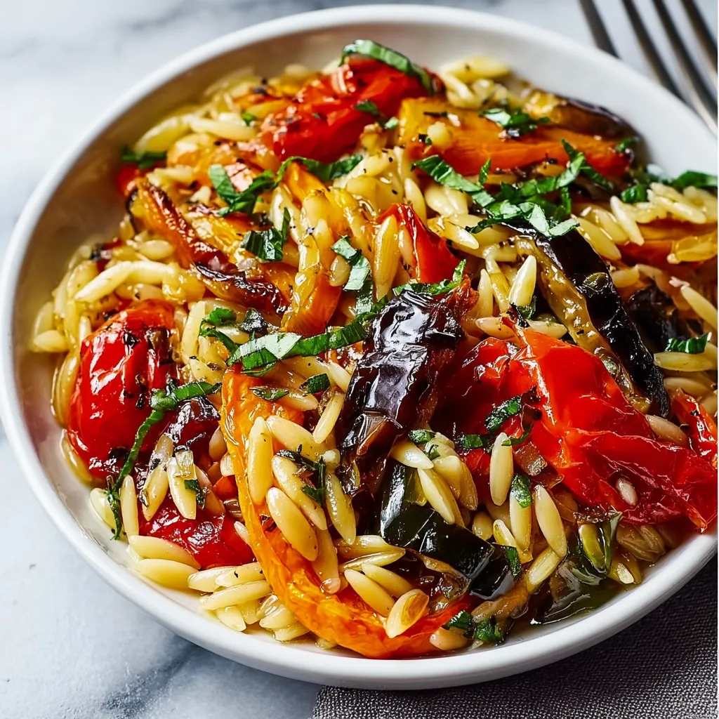 Mediterranean Roasted Bell Pepper Orzo Pasta with Caramelized Vegetables and Fresh Basil - secondary view